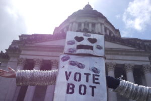 Vote Bot in front of a building